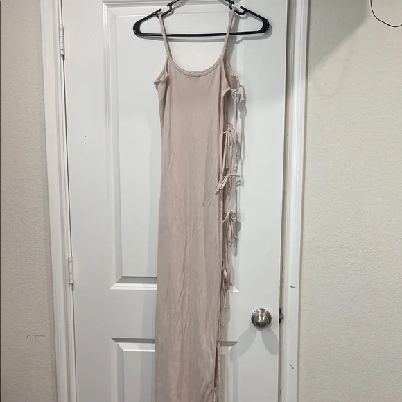 Fashion Nova | Dresses | Fashion Nova Tan Maxi Dress With Embellished Slit  And Spaghetti Straps | Poshmark